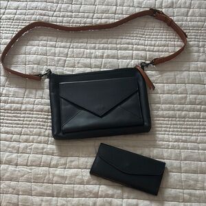 Able Black Crossbody Bag with Brown Strap and Wallet